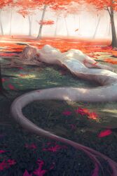 Rule 34 | 1girl, absurdres, autumn leaves, body fur, brown hair, commentary, completely nude, day, dragon girl, dragon horns, dragon tail, english commentary, falling leaves, felix thirasat, flower, from behind, full body, grass, highres, horns, leaf, lying, nude, on side, original, outdoors, pointy ears, red flower, solo, tail, tree