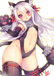Rule 34 | 1girl, :o, animal ears, animal hands, ao jun, arm strap, bell, black thighhighs, blush, bow, breasts, cat ears, chestnut mouth, covered erect nipples, cowboy shot, curvy, dangeroes beast (illya), fake animal ears, fate/kaleid liner prisma illya, fate (series), fur, gloves, hair bow, illyasviel von einzbern, leg ribbon, long hair, looking at viewer, navel, official alternate costume, open mouth, paw gloves, prisma illya, red eyes, red ribbon, ribbon, signature, simple background, small breasts, solo, string, tail, thick thighs, thigh ribbon, thigh strap, thighhighs, thighs, two side up, wide hips