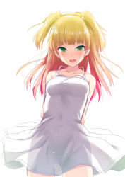 Rule 34 | 1girl, :d, arms behind back, bare shoulders, blonde hair, blunt bangs, blush, breasts, collarbone, covered navel, cowboy shot, dress, fang, gradient hair, green eyes, hair ornament, idolmaster, idolmaster cinderella girls, jougasaki rika, multicolored hair, open mouth, pink hair, see-through, see-through silhouette, simple background, sketch, sleeveless, sleeveless dress, small breasts, smile, solo, sousakubito, sundress, two side up, white background