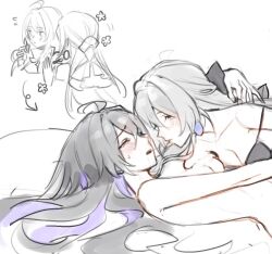 Rule 34 | 2girls, ahoge, arrow (symbol), black bra, black ribbon, blush, bra, breasts, bronya rand, cleavage, closed mouth, commentary, completely nude, couple, earrings, english commentary, furrowed brow, grey hair, hair between eyes, honkai: star rail, honkai (series), implied fingering, implied orgasm, jewelry, long hair, looking at another, lying, medium breasts, mie xing, multicolored hair, multiple girls, nude, open mouth, outstretched arm, ribbon, seele (honkai: star rail), streaked hair, sweatdrop, underwear, white background, yuri