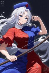 Rule 34 | 1girl, absurdres, blue dress, blue eyes, blue hat, bow (weapon), braid, closed mouth, commentary request, constellation print, cowboy shot, cross, dress, grey background, grey hair, happy, hat, highres, long hair, maizumi, multicolored clothes, multicolored dress, nurse cap, parted bangs, puffy short sleeves, puffy sleeves, red cross, red dress, sash, short sleeves, simple background, smile, solo, touhou, trigram, very long hair, weapon, white sash, yagokoro eirin