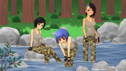 Rule 34 | 3girls, andrea (army gals), army gals, bent over, black hair, blue eyes, blue hair, breasts, edda (army gals), female focus, forest, green eyes, highres, multiple girls, nature, navel, nipples, outdoors, pants, partially submerged, plant, raen (army gals), red eyes, river, see-through, shirt, sitting, standing, tree, water