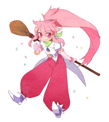 Rule 34 | 1girl, arche klein, broom, gloves, gwayo, gwayom, long hair, pants, pink eyes, pink hair, pink pants, ponytail, scarf, simple background, smile, solo, tales of (series), tales of phantasia, white background, wide ponytail