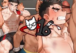 Rule 34 | 3boys, abs, animal ears, bar censor, bara, bare pectorals, black hair, black shorts, blush, bound, bound arms, bulge, cat ears, censored, dark-skinned male, dark skin, dirty, dirty face, erection, faceless, faceless male, gondom, imminent anal, imminent penetration, large pectorals, male focus, mosaic censoring, multiple boys, muscular, muscular male, navel, nipples, original, paid reward available, pectorals, red eyes, paid reward available, scar, scar across eye, scar on face, short hair, shorts, solo focus, thick thighs, thighs, undercut, wrestling outfit, wrestling ring, yaoi