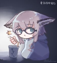 Rule 34 | 1girl, :&lt;, animal ears, arknights, chopsticks, closed mouth, coat, commentary request, cup ramen, disembodied limb, fox ears, fox girl, glasses, holding, holding chopsticks, looking at viewer, oudonium, pink hair, solo, sussurro (arknights), white coat