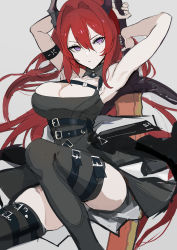 Rule 34 | 1girl, absurdres, arknights, armpits, arms up, belt, belt buckle, black dress, breasts, buckle, chuhaibane, cleavage, closed mouth, detached collar, dress, feet out of frame, highres, holding, holding sword, holding weapon, horns, knee up, large breasts, long hair, looking at viewer, purple eyes, red hair, serious, simple background, sitting, solo, surtr (arknights), sword, thigh strap, v-shaped eyebrows, very long hair, weapon, white background