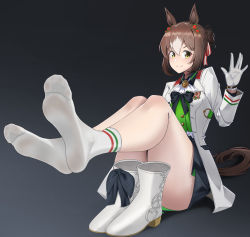 Rule 34 | 1girl, absurdres, animal ears, barefoot, black skirt, blouse, blush, brown hair, chinese commentary, closed mouth, commentary request, commission, convenient censoring, feet, feet up, fine motion (umamusume), foot focus, foreshortening, gloves, gradient background, green shirt, grey background, hair between eyes, hair ornament, highres, horse ears, horse girl, horse tail, jacket, legs, looking at viewer, medium hair, multicolored hair, no shoes, pixiv commission, shirt, shoes, unworn shoes, sidelocks, skirt, smile, socks, soles, solo, streaked hair, tail, thighs, toes, tsa, umamusume, waving, white gloves, white hair, white jacket, yellow eyes