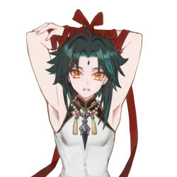 Rule 34 | 1boy, armpits, arms up, bead necklace, beads, bisque, black hair, bound, bound arms, eyeshadow, facial mark, forehead mark, genshin impact, green hair, highres, jewelry, looking at viewer, makeup, male focus, multicolored hair, necklace, parted bangs, pendant, red eyeshadow, ribbon, short hair, short hair with long locks, sidelocks, simple background, sleeveless, solo, tassel, two-tone hair, white background, xiao (genshin impact), yellow eyes