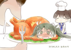 Rule 34 | 10s, 3girls, @ @, akagi (kancolle), alternate costume, bad id, bad pixiv id, blush, brown hair, chef hat, chef, crying, crying with eyes open, drooling, closed eyes, food, green eyes, green hair, hat, hinata yuu, kaga (kancolle), kantai collection, long hair, multiple girls, open mouth, side ponytail, tears, turkey (food), twintails, wavy mouth, zuikaku (kancolle)