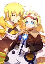 Rule 34 | 2boys, alternate costume, ancient greek clothes, baggy clothes, blonde hair, blue eyes, bright pupils, closed eyes, earrings, fate/grand order, fate/requiem, fate (series), gloves, glowing, goggles, goggles on head, gradient hair, greco-roman clothes, hand on head, headpat, jason (fate), jewelry, light, long sleeves, male focus, meiji ken, multicolored hair, multiple boys, open mouth, parted bangs, pectorals, revealing clothes, scarf, sitting, smile, spacesuit, star (symbol), teeth, upper body, voyager (fate), voyager (third ascension) (fate), white background, yellow scarf
