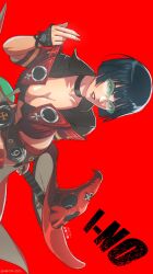 Rule 34 | 1girl, abkc94, black choker, black hair, breasts, choker, cleavage, electric guitar, fingerless gloves, gloves, green-tinted eyewear, guilty gear, guilty gear strive, guitar, hat, highres, i-no, instrument, large breasts, looking at viewer, mole, mole above mouth, no headwear, parted lips, red background, red headwear, red leather, red lips, red theme, short hair, smile, sunglasses, tinted eyewear, venus symbol, witch hat