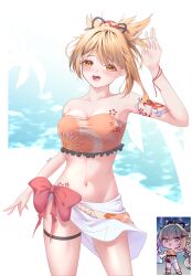 Rule 34 | 1girl, :d, absurdres, arm tattoo, bare arms, bare shoulders, blonde hair, bow, breasts, chest tattoo, cleavage, collarbone, commentary, cowboy shot, genshin impact, highres, looking at viewer, medium breasts, midriff, navel, open mouth, red bow, sarong, short hair, smile, solo, standing, stomach, strapless, syxh, tattoo, thigh strap, thighs, tube top, yellow eyes, yoimiya (genshin impact)