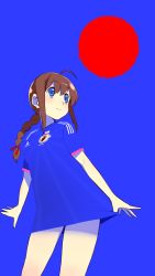 Rule 34 | 10s, 1girl, 2014 fifa world cup, adidas, ahoge, blue eyes, blue theme, braid, brand name imitation, brown hair, highres, japan, kantai collection, long hair, looking up, nonco, personification, shigure (kancolle), single braid, smile, soccer, soccer uniform, solo, sportswear, world cup
