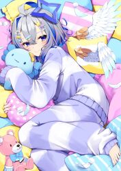 Rule 34 | 1girl, :3, amane kanata, angel, angel wings, axolotl, barefoot, blue eyes, blue hair, blush, bob cut, closed mouth, colored inner hair, commentary, curled up, detached wings, eyelashes, feathered wings, feathers, foot out of frame, from above, gradient eyes, gradient wings, grey hair, hair between eyes, hair ornament, hairclip, halo, highres, hololive, hototogisu (hot to gis), hugging object, long sleeves, looking at viewer, looking up, loose hair strand, lying, mini wings, multicolored eyes, multicolored hair, multicolored wings, narrowed eyes, on bed, on side, oversized clothes, pajamas, pillow, pink hair, purple eyes, purple pajamas, short hair, single hair intake, sleeves past wrists, smile, solo, star halo, striped clothes, striped pajamas, stuffed animal, stuffed toy, teddy bear, two-tone pajamas, virtual youtuber, white feathers, white pajamas, wings