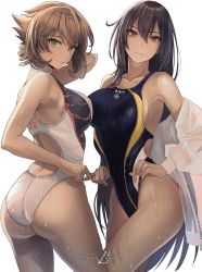 Rule 34 | 2girls, ass, back, black hair, black one-piece swimsuit, breasts, brown hair, competition swimsuit, covered navel, green eyes, highres, kantai collection, kasumi (skchkko), large breasts, lips, long hair, looking at viewer, multiple girls, mutsu (kancolle), nagato (kancolle), one-piece swimsuit, red eyes, shirt, short hair, simple background, smile, swimsuit, turtleneck, two-tone swimsuit, wet, wet clothes, wet swimsuit, white background, white shirt, white one-piece swimsuit