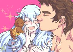 Rule 34 | 1boy, 1girl, artemis (fate), bare shoulders, blush, bracelet, breasts, brown hair, cleavage, closed eyes, fate/grand order, fate (series), hetero, jewelry, kiss, kissing cheek, large breasts, large pectorals, long hair, muscular, necklace, open mouth, orion (bear) (fate), pectorals, pink background, ryuuki garyuu, smile, sparkle, stuffed animal, stuffed toy, super orion (fate), teddy bear, thick eyebrows, topless male, upper body, white hair