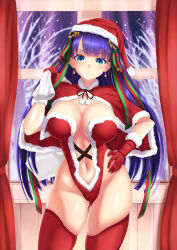 Rule 34 | 1girl, alternate costume, bell, bell earrings, blue eyes, blush, breasts, capelet, christmas, cleavage, commentary request, curtains, earrings, fate/grand order, fate (series), fur-trimmed capelet, fur-trimmed gloves, fur-trimmed leotard, fur trim, gloves, hair ribbon, hand on own hip, hat, jewelry, kanki (kibunhasaikou), large breasts, leotard, light blush, light smile, long hair, martha (fate), navel, purple hair, red capelet, red gloves, red leotard, red thighhighs, ribbon, sack, santa costume, santa hat, smug, solo, thigh gap, thighhighs, window