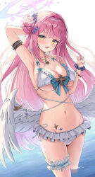 Rule 34 | 1girl, arm strap, arm up, armpits, bare shoulders, bikini, blue archive, blue scrunchie, blush, breasts, cleavage, collarbone, frilled bikini, frills, hair bun, halo, highres, jewelry, junma art, large breasts, long hair, looking at viewer, low wings, mika (blue archive), navel, necklace, parted lips, partially submerged, pink hair, presenting armpit, scrunchie, single hair bun, smile, solo, standing, stomach, swimsuit, thigh strap, thighs, underboob, water, wings, wrist scrunchie, yellow eyes
