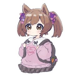 Rule 34 | 1girl, animal ears, backpack, bag, black skirt, blush, bow, brown eyes, brown hair, chibi, closed mouth, clothes writing, commentary, hair bow, heart, holding strap, horse ears, long sleeves, nozo (hitomiz), pink bow, pink sweater, plaid, plaid skirt, pleated skirt, puffy long sleeves, puffy sleeves, purple bow, simple background, skirt, sleeves past wrists, smart falcon (umamusume), solo, sweater, symbol-only commentary, twintails, umamusume, white background