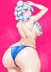 Rule 34 | 1girl, absurdres, arm up, ass, bikini, bikini bottom only, blue bikini, blue eyes, blush, braid, braided ponytail, breasts, from behind, highres, huge ass, long hair, looking at viewer, looking back, lulu-chan92, medium breasts, rwby, shiny skin, skindentation, smile, solo, standing, swimsuit, weiss schnee, wet, white hair