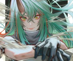 Rule 34 | 1girl, ai shou, arknights, bare shoulders, black gloves, black hair, closed mouth, dirty, dirty face, gloves, green hair, high collar, highres, horns, hoshiguma (arknights), lips, long hair, looking at viewer, multicolored hair, red hair, scar, scar on face, single horn, skin-covered horns, smile, solo, streaked hair, two-tone hair, upper body, v-shaped eyebrows, very long hair, yellow eyes