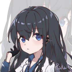 Rule 34 | 1girl, absurdres, adjusting hair, black gloves, black hair, blue eyes, blue shirt, coat, collared shirt, commentary, copyright name, earpiece, expressionless, eyes visible through hair, female professor (neural cloud), girls&#039; frontline, girls&#039; frontline neural cloud, gloves, hair between eyes, half gloves, highres, lab coat, lanyard, long hair, looking at viewer, pakua, portrait, professor (neural cloud), shirt, signature, solo, white background, white coat, zoom layer