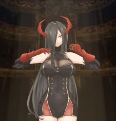 Rule 34 | 1girl, absurdres, azur lane, bare shoulders, black dress, black hair, breasts, buttons, cleavage cutout, clothing cutout, double-breasted, dress, eyes visible through hair, friedrich der grosse (azur lane), gloves, gold trim, hamahama109104, highres, holding, horns, large breasts, long hair, mechanical horns, microdress, red gloves, red horns, see-through, sleeveless, sleeveless dress, solo, standing, yellow eyes