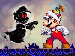 Rule 34 | 3boys, blue eyes, boots, brown footwear, brown hair, caterpillar, clenched hands, facial hair, fire mario, from side, ghost, gloves, hat, highres, looking at viewer, mario, mario (series), multiple boys, mustache, nintendo, overalls, prince florian, red eyes, red overalls, rift mario, shirt, short hair, super mario bros. wonder, white gloves, white headwear, white shirt, ya mari 6363