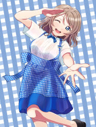 Rule 34 | 1girl, apron, blue apron, blue bow, blue bowtie, blue eyes, blush, bow, bowtie, breasts, brown hair, checkered apron, checkered clothes, employee uniform, gingham, gingham apron, gingham skirt, happy birthday, high-waist skirt, highres, kobeya uniform, looking at viewer, love live!, love live! sunshine!!, medium breasts, open mouth, plaid, plaid apron, pleated shirt, shirt, short hair, short sleeves, skirt, smile, solo, uniform, waitress, watanabe you, white shirt, yo hae you