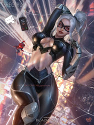 Rule 34 | 1girl, arm up, ass, black cat (marvel), black legwear, bodysuit, breasts, city, cityscape, cleavage, cleavage cutout, clothing cutout, curvy, fake phone screenshot, fake screenshot, goggles, highres, knee up, large breasts, lipstick, looking at viewer, lying, makeup, marvel, navel, navel cutout, on back, parted lips, patreon, phone, red lips, seductive smile, shiny clothes, shiny skin, silk, skin tight, skindentation, smile, spider-man, spider-man (2018 game), spider-man (series), spider web, white hair, yam spectrum