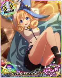 Rule 34 | 1girl, bishop (chess), blonde hair, blue eyes, blue hat, blush, book, breasts, cape, card (medium), character name, chess piece, embarrassed, hat, high school dxd, high school dxd born, high school dxd hero, le fay pendragon, long hair, looking at viewer, medium breasts, official art, open mouth, panties, pantyshot, skirt, socks, solo, trading card, underwear, white panties, witch hat