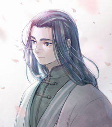 Rule 34 | 1boy, blue eyes, blue hair, chinese clothes, highres, long hair, male focus, micho, petals, shadow, smile, solo, luo xiaohei zhanji, upper body, wuxian (the legend of luoxiaohei)