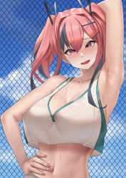 Rule 34 | 1girl, absurdres, arm up, armpits, azur lane, black hair, blush, breasts, bremerton (azur lane), bremerton (scorching-hot training) (azur lane), cleavage, fle en, highres, large breasts, multicolored hair, nail polish, red eyes, red hair, solo, sweat