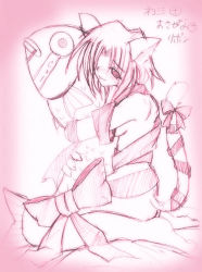 Rule 34 | 1girl, animal ears, bad anatomy, bow, cat ears, cat tail, doll, hugging doll, fish, hug, kneeling, large bow, monochrome, naked ribbon, hugging object, pillow, pink theme, ribbon, sketch, solo, tail, tail ornament, tail ribbon