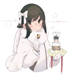 Rule 34 | 1boy, 1girl, absurdres, admiral (kancolle), black hair, blush, checkerboard cookie, closed mouth, cookie, dated, eating, food, fringe trim, fubuki (kancolle), gloves, green eyes, hat, highres, holding, holding food, jacket, kantai collection, long sleeves, ma rukan, military, military uniform, naval uniform, peaked cap, scarf, short hair, short ponytail, signature, simple background, uniform, white background, white day, white gloves, white headwear, white jacket, white scarf