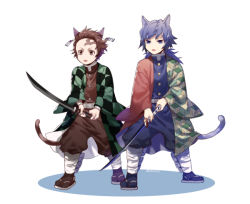 Rule 34 | 2boys, :p, animal ears, asymmetrical clothes, belt, black footwear, blue eyes, blue hair, blue pants, brown hair, cat boy, cat ears, cat tail, checkered clothes, coat, demon slayer uniform, earrings, fighting stance, full body, green coat, holding, jewelry, kamado tanjirou, katana, kemonomimi mode, kimetsu no yaiba, leg wrap, long hair, long sleeves, looking afar, male focus, momochi (orrizonte), multiple boys, pants, puffy pants, red coat, sandals, scar, scar on face, scar on forehead, short hair, side-by-side, simple background, standing, sword, tabi, tail, tomioka giyuu, tongue, tongue out, two-handed, weapon, white background, wide sleeves, zouri