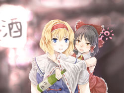 Rule 34 | 2girls, alice margatroid, arms around neck, black hair, blonde hair, blue dress, blue eyes, blurry, blurry background, blush, bottle, bow, capelet, commentary request, cookie (touhou), detached sleeves, dress, frilled bow, frilled hair tubes, frilled hairband, frills, haiperion buzan, hair bow, hair tubes, hairband, hakurei reimu, looking at another, multiple girls, open mouth, red hair, sake bottle, sakuranbou (cookie), sananana (cookie), short hair, sleeveless, sleeveless dress, touhou, upper body, white capelet, white sleeves, yellow eyes