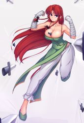Rule 34 | 1girl, adapted costume, bandaged arm, bandages, bare shoulders, between breasts, black ribbon, blue eyes, braid, breasts, buttons, chinese clothes, cleavage, clenched hands, collarbone, covered navel, dress, fighting stance, full body, green dress, green footwear, hair intakes, hair ribbon, hands up, hater (hatater), highres, hong meiling, knife, large breasts, leg up, long dress, long hair, looking at viewer, no headwear, no socks, pants, parted bangs, pelvic curtain, red hair, ribbon, serious, shoes, side slit, sleeveless, sleeveless dress, solo, torn clothes, torn pants, touhou, twin braids, very long hair, white pants