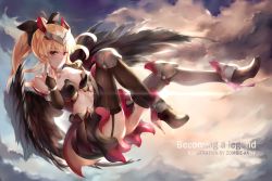 Rule 34 | 1girl, absurdres, armor, artist name, bad id, bad pixiv id, bikini armor, black legwear, black wings, blonde hair, breasts, cleavage, cloud, cloudy sky, crop top, detached sleeves, english text, feathered wings, floating, floating hair, full body, garter straps, greaves, headgear, high heels, highres, knees up, light smile, medium breasts, midriff, navel, original, ponytail, profile, scenery, sky, solo, sunset, thighs, wings, zomzomzomsauce