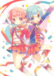Rule 34 | 1boy, 1girl, arms up, bad id, bad pixiv id, blue eyes, blue hair, blush, boots, braid, brother and sister, buttons, confetti, crossdressing, dorothy west, double-breasted, epaulettes, flag, hair ornament, hetero, holding, holding hands, idol, interlocked fingers, jumping, knee boots, reona west, long sleeves, looking at viewer, miniskirt, nekoto rina, open mouth, pennant, pink hair, pleated skirt, pretty series, pripara, red eyes, ribbon, short hair, siblings, simple background, skirt, smile, star (symbol), star hair ornament, trap, twins, wings