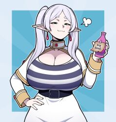 Rule 34 | 1girl, alternate breast size, breast expansion, breasts, cleavage, earrings, english text, facing viewer, frieren, hand on own hip, highres, huge breasts, jam-orbital, jewelry, pointy ears, potion, shirt, smug, solo, sousou no frieren, striped clothes, striped shirt, white hair