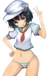 Rule 34 | 1girl, anchor symbol, black hair, dress shirt, green eyes, hat, highres, md5 mismatch, midriff, murasa minamitsu, navel, no pants, open mouth, oruka (kamituki0827), panties, puffy sleeves, resized, resolution mismatch, sailor, sailor collar, sailor hat, shirt, short hair, short sleeves, simple background, smile, solo, source larger, striped clothes, striped panties, touhou, underwear, v, white background