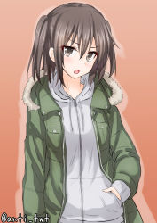 Rule 34 | 10s, 1girl, anti (untea9), blush, brown eyes, brown hair, casual, cowboy shot, frown, green jacket, hair between eyes, hand in pocket, highres, hood, hood down, hoodie, jacket, kantai collection, long sleeves, open clothes, open jacket, open mouth, orange background, sendai (kancolle), short hair, simple background, solo, twitter username, two side up, zipper