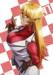 Rule 34 | 1girl, aged up, artist name, aura bella fiora, blonde hair, breasts, dark elf, elf, gloves, grin, jewelry, large breasts, long hair, masiro, necklace, onna no ko, overlord (maruyama), pointy ears, red shirt, shirt, simple background, smile, solo, v, vest, white vest