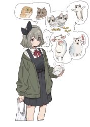 Rule 34 | 1girl, arm at side, bag, baozi, black bow, black dress, blush, bow, bow hairband, cardigan, cat, closed mouth, collared shirt, cow, cropped legs, dot mouth, dress, eyes visible through hair, food, green cardigan, grey hair, hair over one eye, hairband, high-waist skirt, highres, holding, holding bag, holding food, long sleeves, neck ribbon, open cardigan, open clothes, original, pinafore dress, plastic bag, pleated dress, purple eyes, red ribbon, ribbon, school uniform, shirt, shopping bag, short hair, sidelocks, simple background, skirt, sleeveless, sleeveless dress, solo, tetori rina, thinking, thought bubble, white background, white shirt