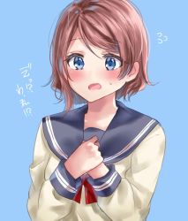 Rule 34 | 1girl, bad id, bad twitter id, blue background, blue eyes, blush, bow, bowtie, brown hair, clenched hands, commentary request, flying sweatdrops, hands on own chest, long sleeves, love live!, love live! sunshine!!, minori 748, open mouth, own hands together, red bow, red bowtie, school uniform, serafuku, short hair, solo, sweatdrop, translation request, upper body, watanabe you