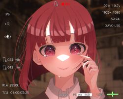 Rule 34 | 1girl, arima kana, blush, bob cut, camera, closed mouth, collar, crying, crying with eyes open, highres, inverted bob, looking at viewer, oshi no ko, red eyes, red hair, short hair, smile, solo, tears, user pfsg4883, white collar
