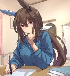 Rule 34 | 1girl, admire vega (umamusume), animal ears, blue sweater, book, breasts, brown hair, commentary request, ear covers, hair between eyes, hair ribbon, highres, holding, holding pen, horse ears, horse girl, indoors, jewelry, long hair, long sleeves, medium breasts, necklace, paper, pen, ponytail, purple eyes, ribbon, single ear cover, sitting, solo, starheart, sweater, umamusume, white ribbon, writing