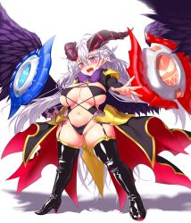 Rule 34 | 1girl, boots, breasts, curvy, demon girl, embarrassed, fangs, fingernails, high heel boots, high heels, highres, horns, huge breasts, long hair, looking at viewer, nail polish, navel, onsoku inu, original, pink eyes, plump, pointy ears, purple wings, silver hair, simple background, solo, tearing up, thigh boots, thighhighs, very long hair, white background, wings