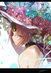 Rule 34 | 1girl, absurdres, artist name, bare shoulders, blue eyes, closed mouth, fate/apocrypha, fate (series), frankenstein&#039;s monster (fate), from side, hat, highres, horns, letterboxed, light smile, lips, looking at viewer, parted bangs, pink hair, short hair, signature, single horn, solo, yatsuka (846)